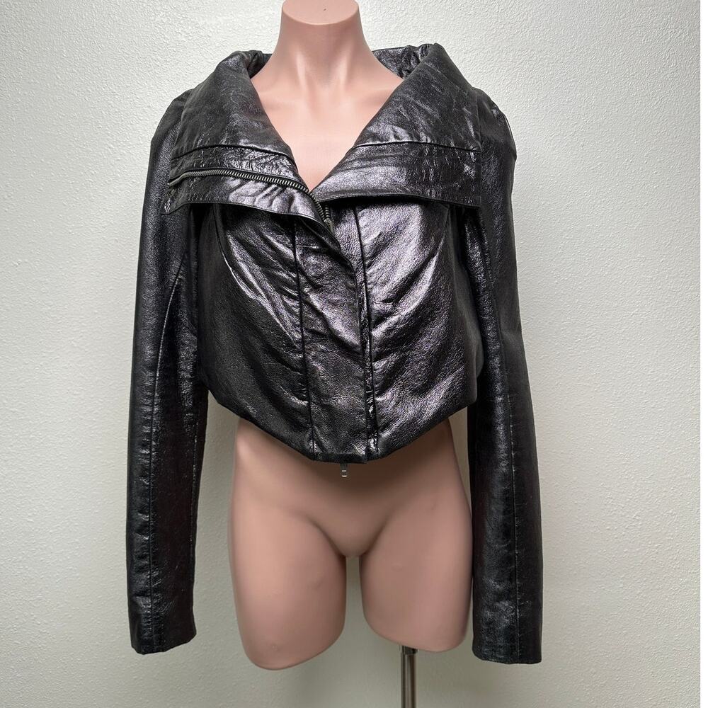 Gareth Pugh gunmetal calf leather cropped jacket women’s 10 draped zip